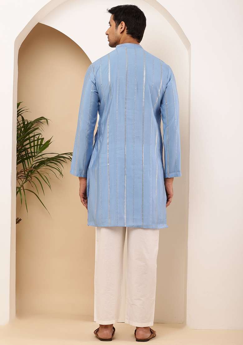 Sky Blue Machine Embroidered Viscose Rayon Kurta For Men - Indya