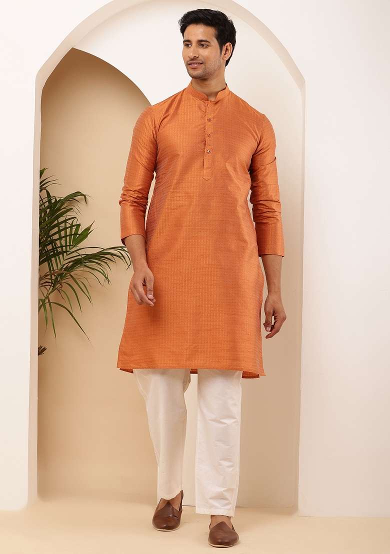 Rust Orange Machine Embroidered Viscose Rayon Kurta For Men - Indya