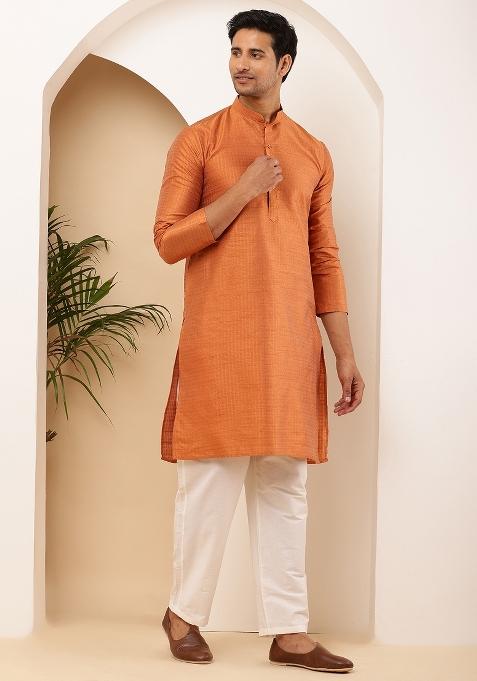 Rust Orange Machine Embroidered Viscose Rayon Kurta For Men