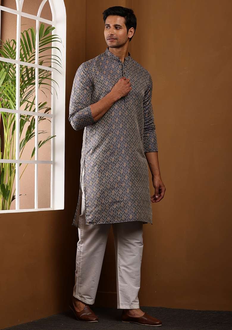 Dark Grey Machine Embroidered Viscose Rayon Kurta For Men - Indya