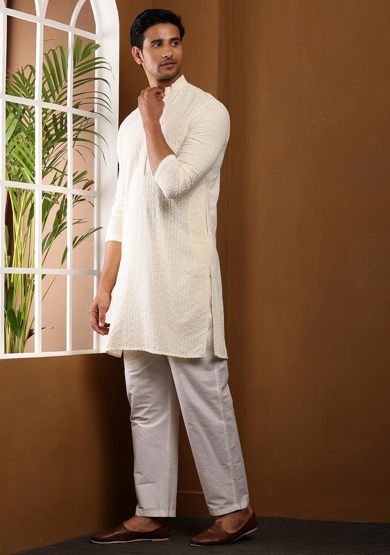 White Machine Embroidered Viscose Rayon Kurta For Men