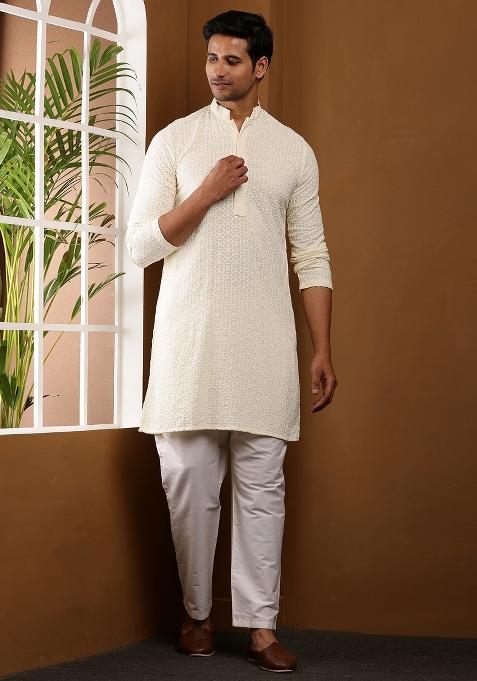 White Machine Embroidered Viscose Rayon Kurta For Men