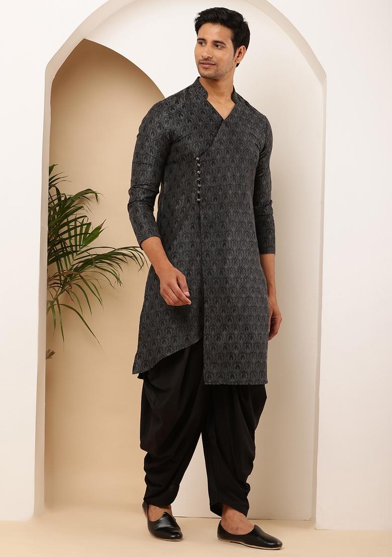 Grey Machine Embroidered Viscose Rayon Kurta For Men