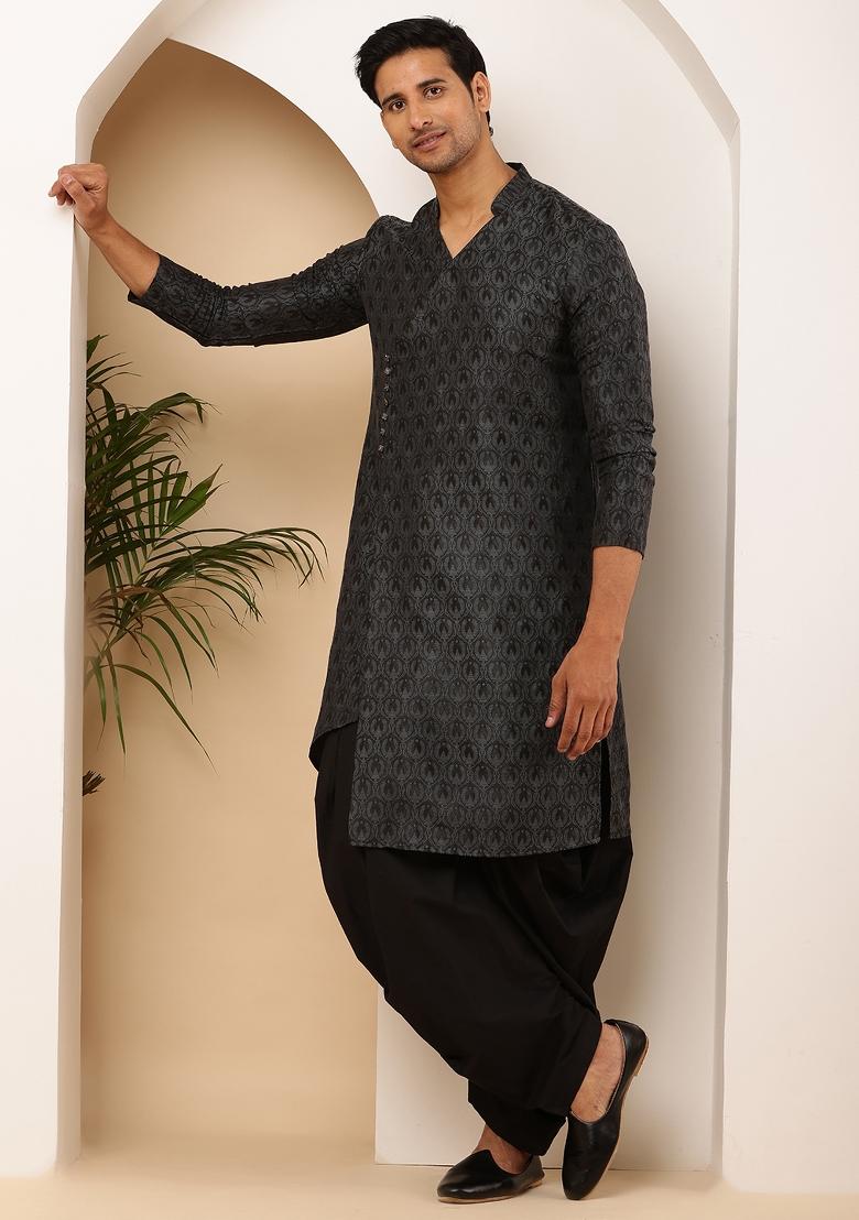 Grey Machine Embroidered Viscose Rayon Kurta For Men