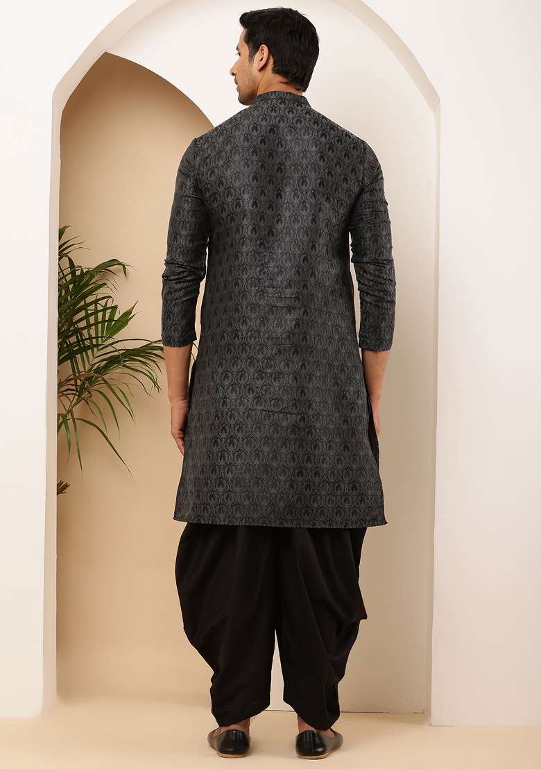 Grey Machine Embroidered Viscose Rayon Kurta For Men - Indya