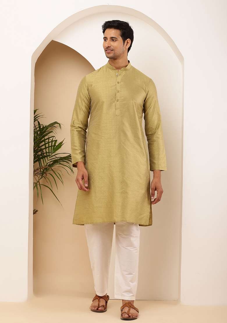 Olive Machine Embroidered Viscose Rayon Kurta For Men - Indya