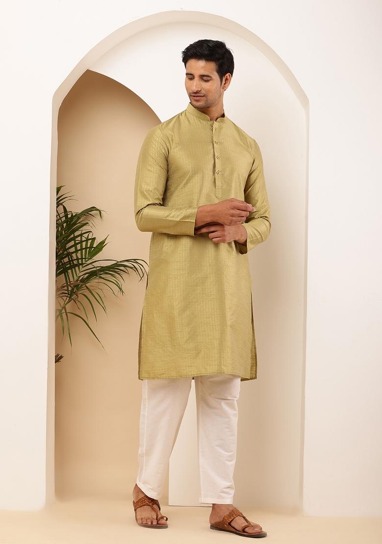 Olive Machine Embroidered Viscose Rayon Kurta For Men
