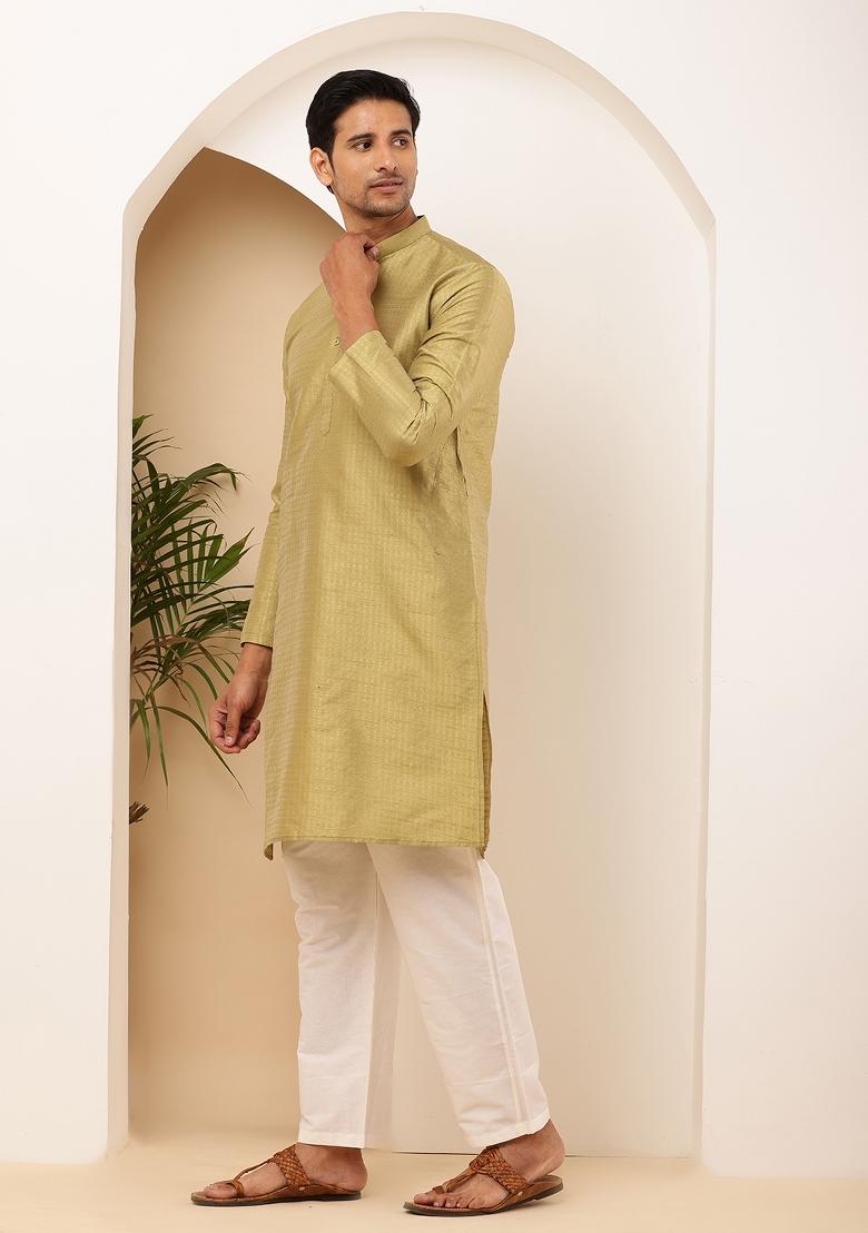 Olive Machine Embroidered Viscose Rayon Kurta For Men