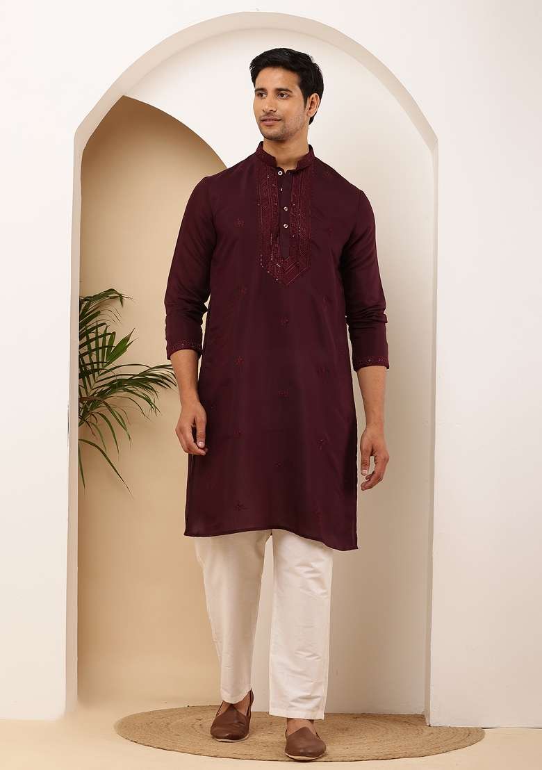 Wine Red Machine Embroidered Viscose Rayon Kurta For Men - Indya