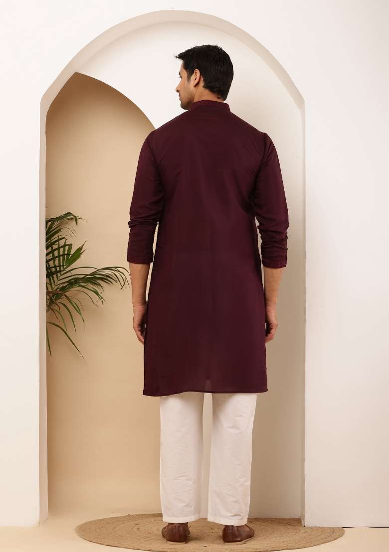 Wine Red Machine Embroidered Viscose Rayon Kurta For Men - Indya