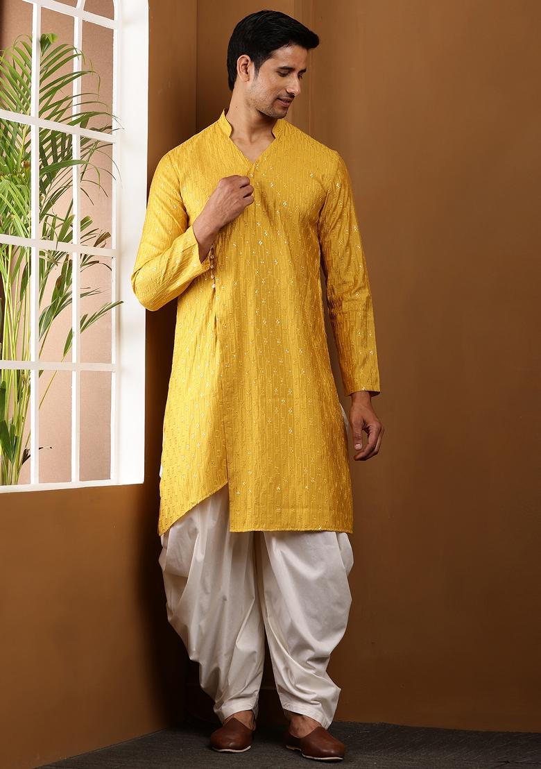 Yellow Machine Embroidered Viscose Rayon Kurta For Men