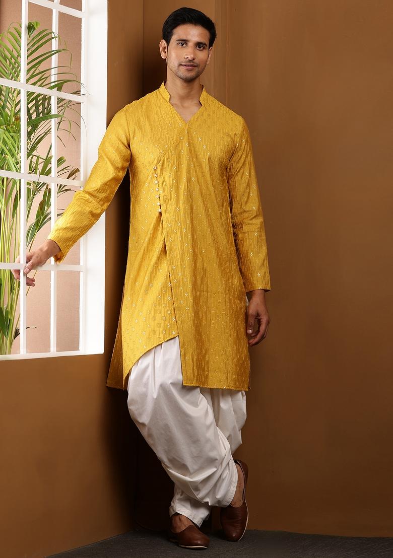 Yellow Machine Embroidered Viscose Rayon Kurta For Men