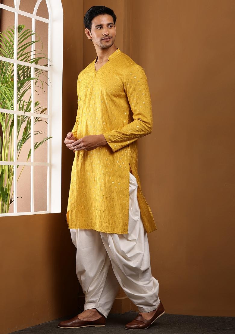 Yellow Machine Embroidered Viscose Rayon Kurta For Men