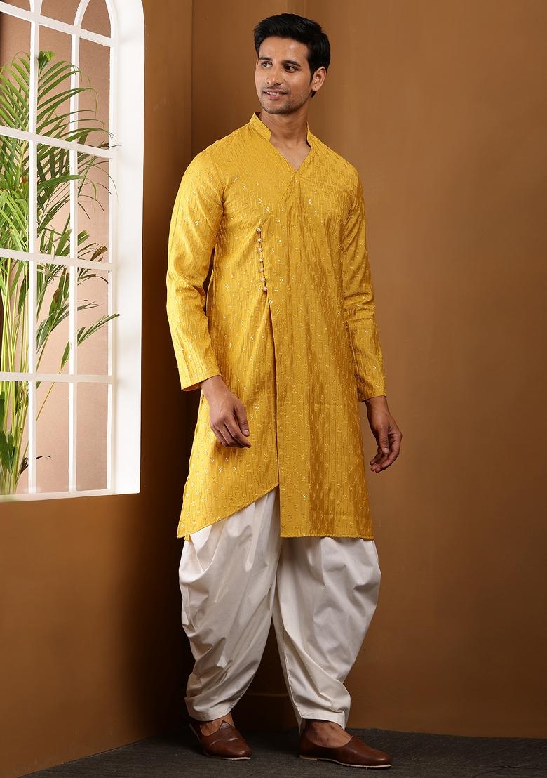 Yellow Machine Embroidered Viscose Rayon Kurta For Men