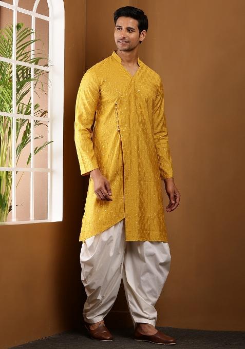 Yellow Machine Embroidered Viscose Rayon Kurta For Men