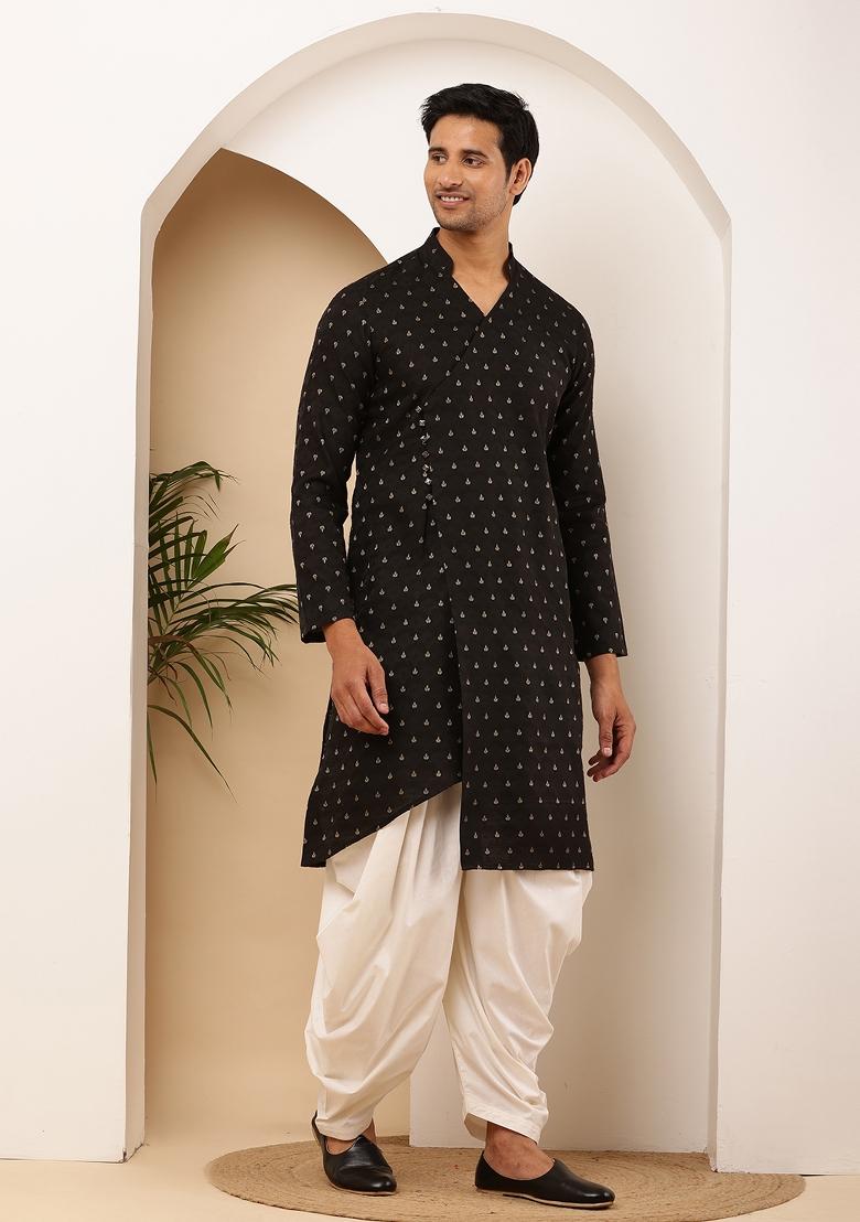 Black Machine Embroidered Cotton Kurta For Men