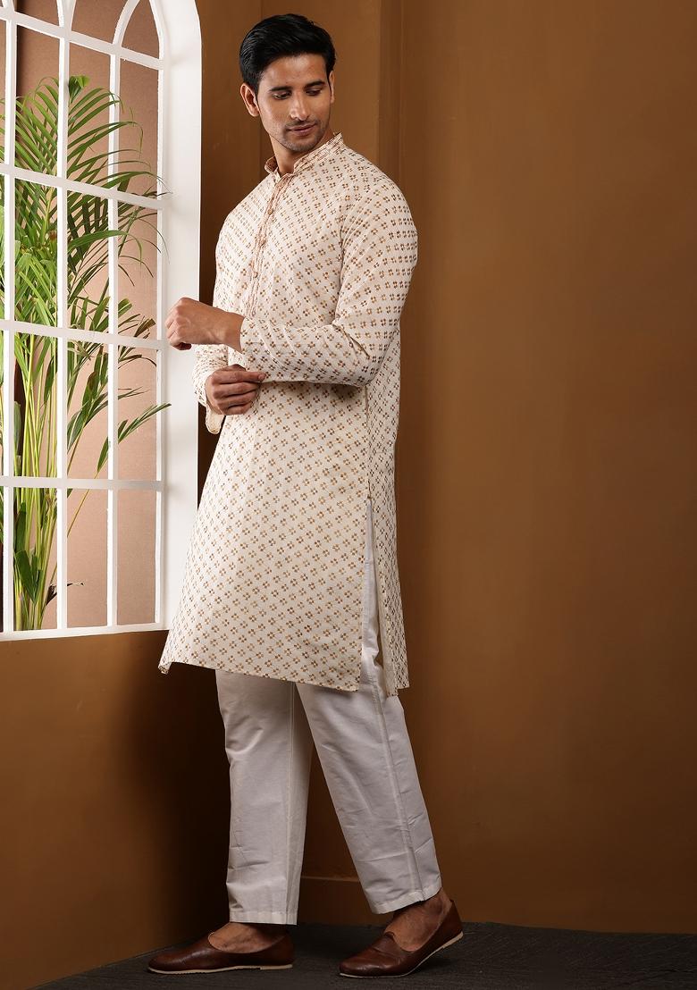 Almond Machine Embroidered Viscose Rayon Kurta For Men