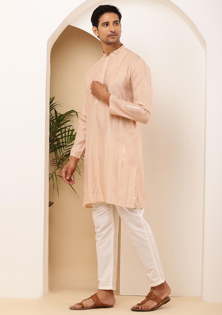 Peach Machine Embroidered Viscose Rayon Kurta For Men