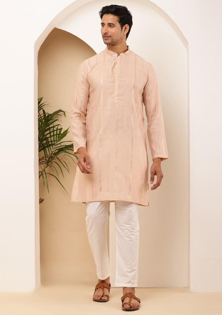 Peach Machine Embroidered Viscose Rayon Kurta For Men