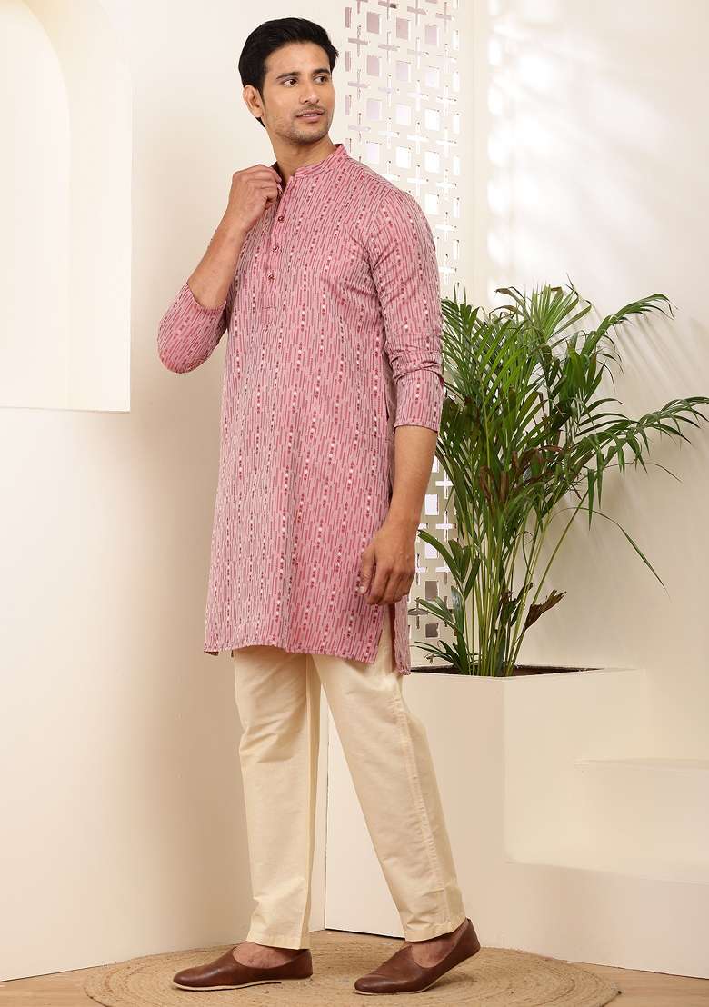 Pink Machine Embroidered Viscose Rayon Kurta For Men - Indya