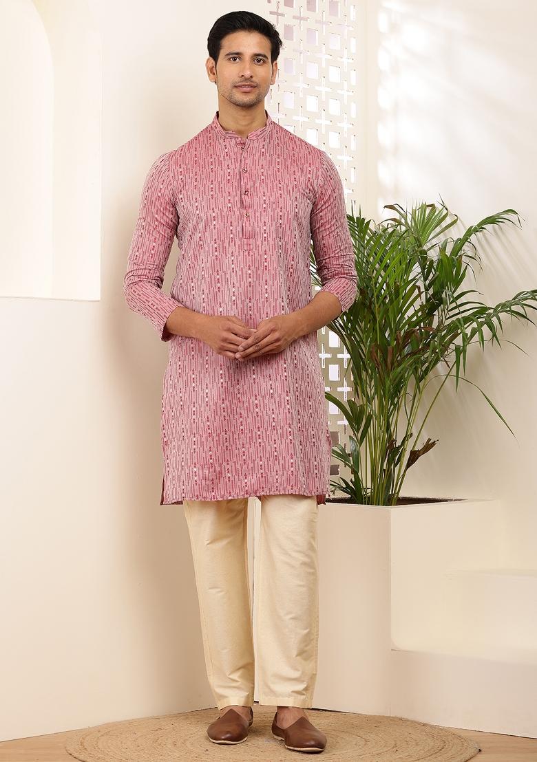 Pink Machine Embroidered Viscose Rayon Kurta For Men