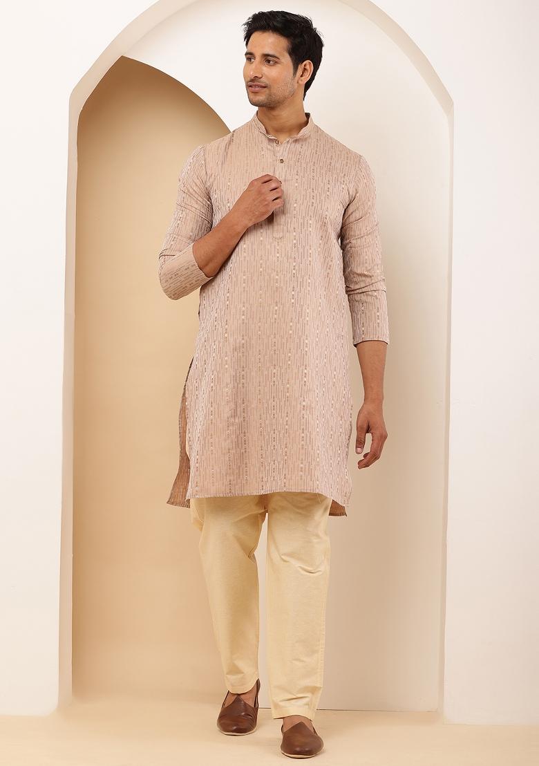 Peach Machine Embroidered Cotton Kurta For Men
