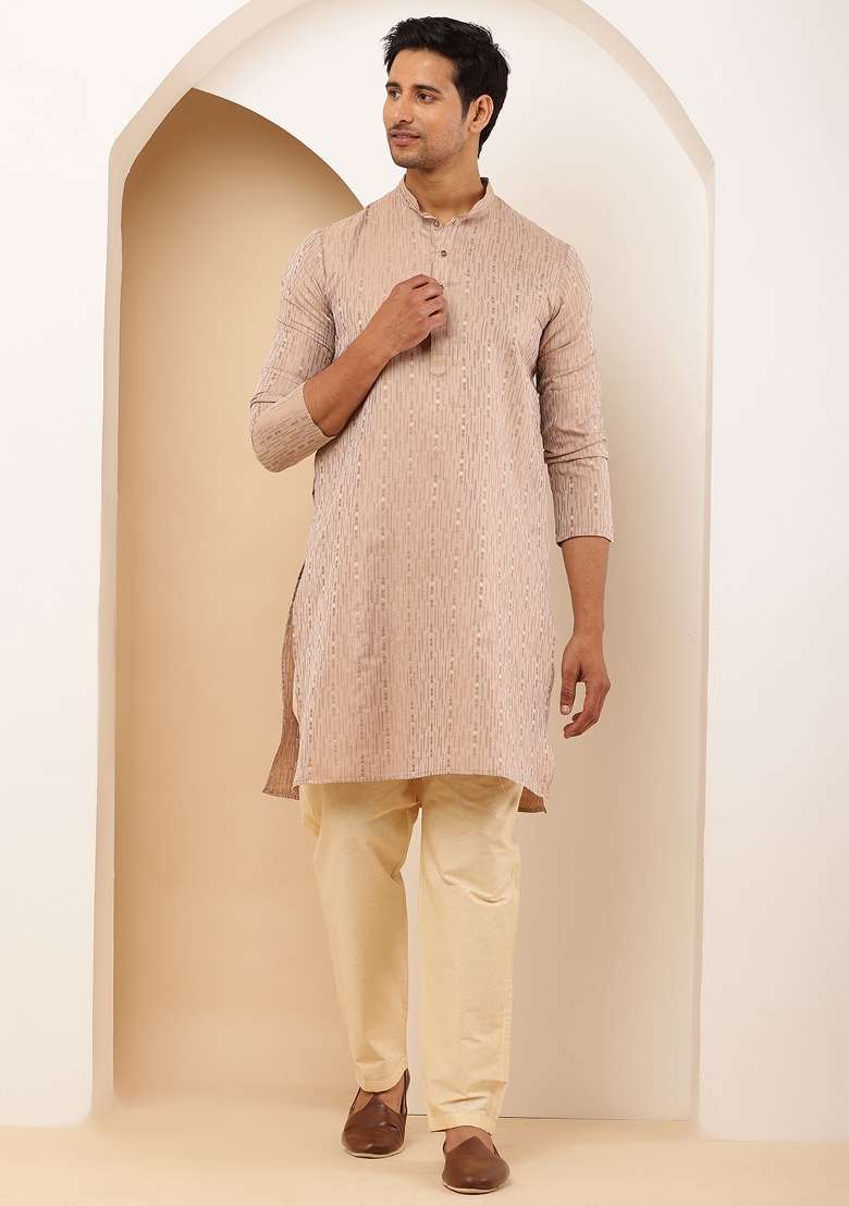 Peach Machine Embroidered Cotton Kurta For Men - Indya