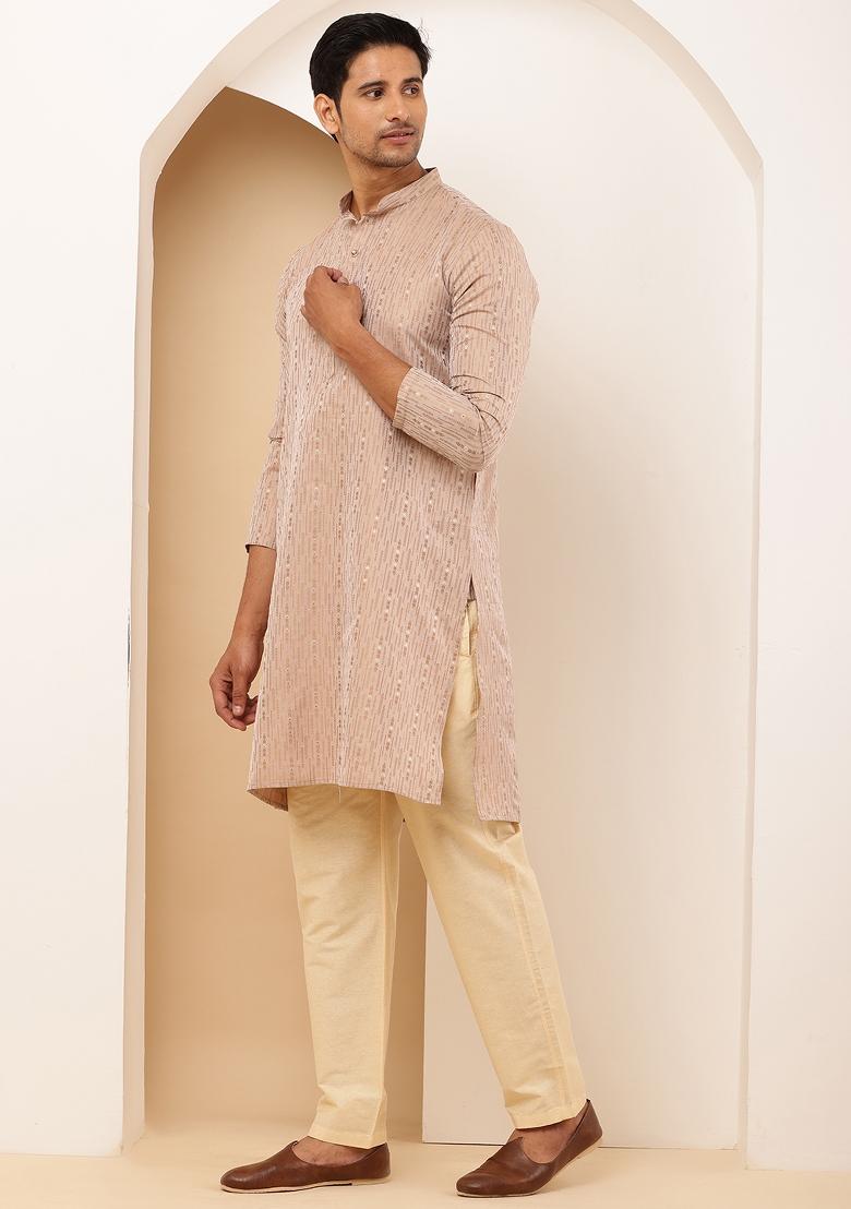 Peach Machine Embroidered Cotton Kurta For Men