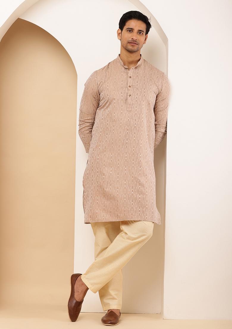 Peach Machine Embroidered Cotton Kurta For Men