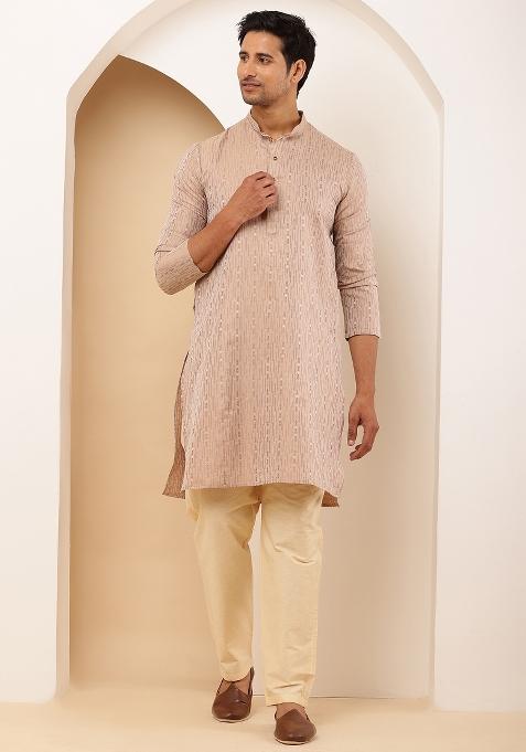 Peach Machine Embroidered Cotton Kurta For Men