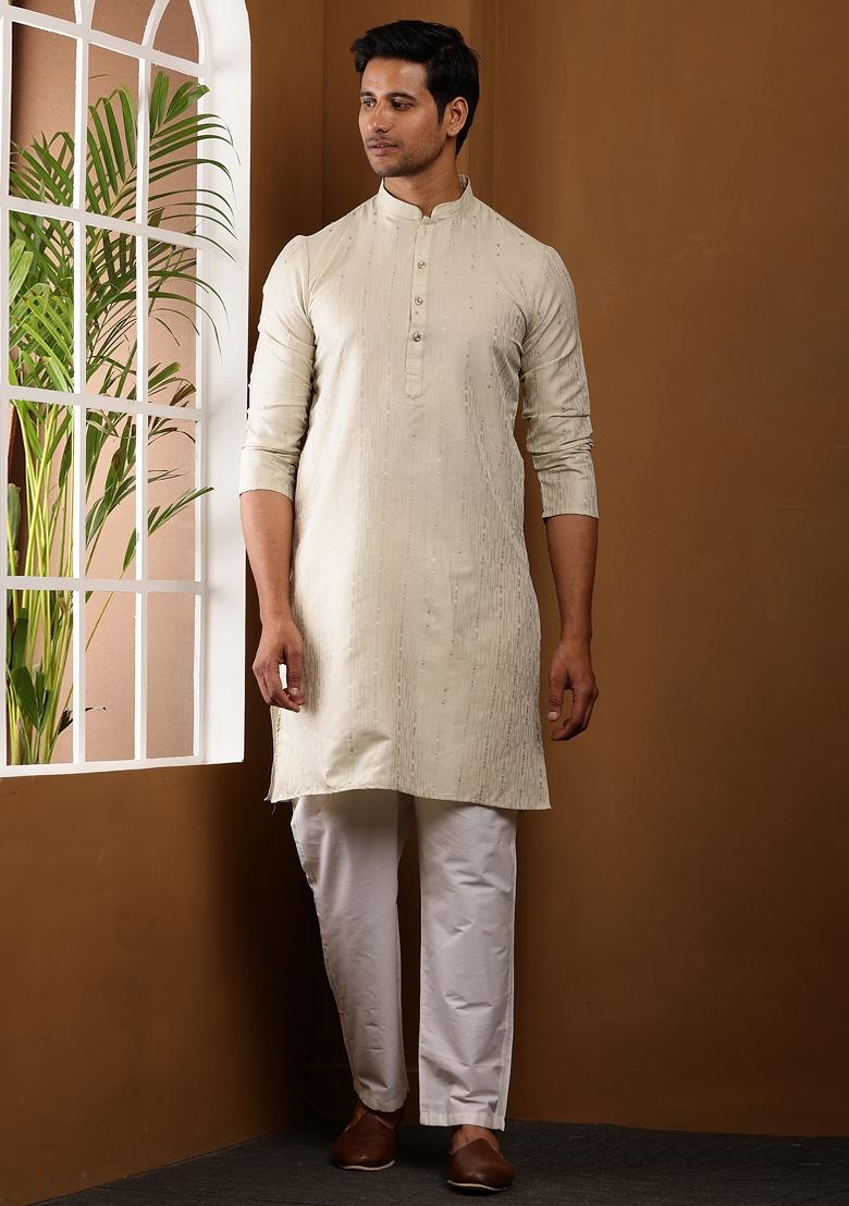Taupe Machine Embroidered Cotton Kurta For Men
