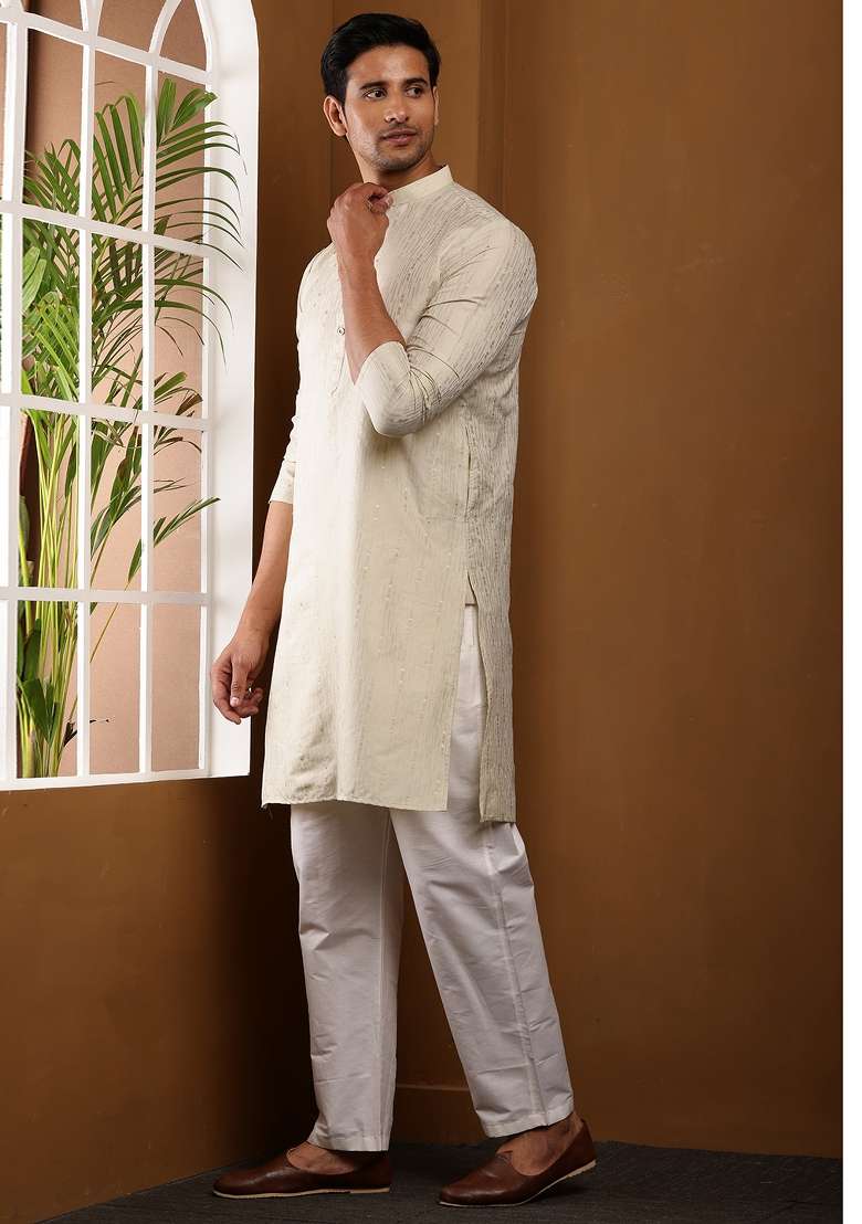 Taupe Machine Embroidered Cotton Kurta For Men - Indya