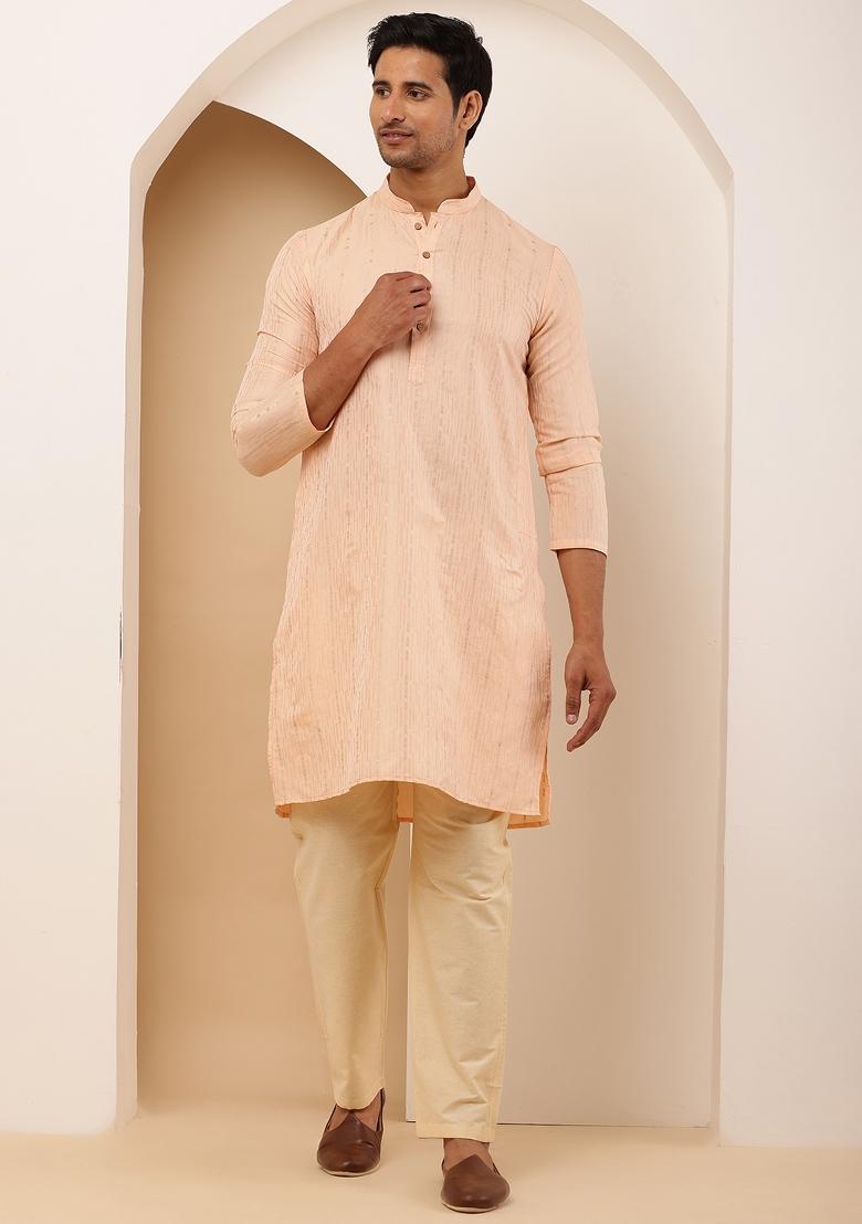 Coral Peach Machine Embroidered Viscose Rayon Kurta For Men