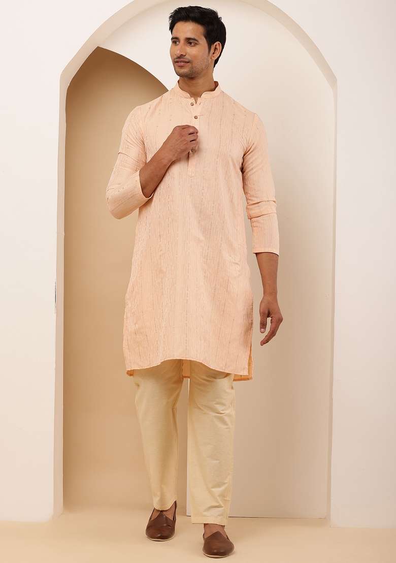 Coral Peach Machine Embroidered Viscose Rayon Kurta For Men - Indya