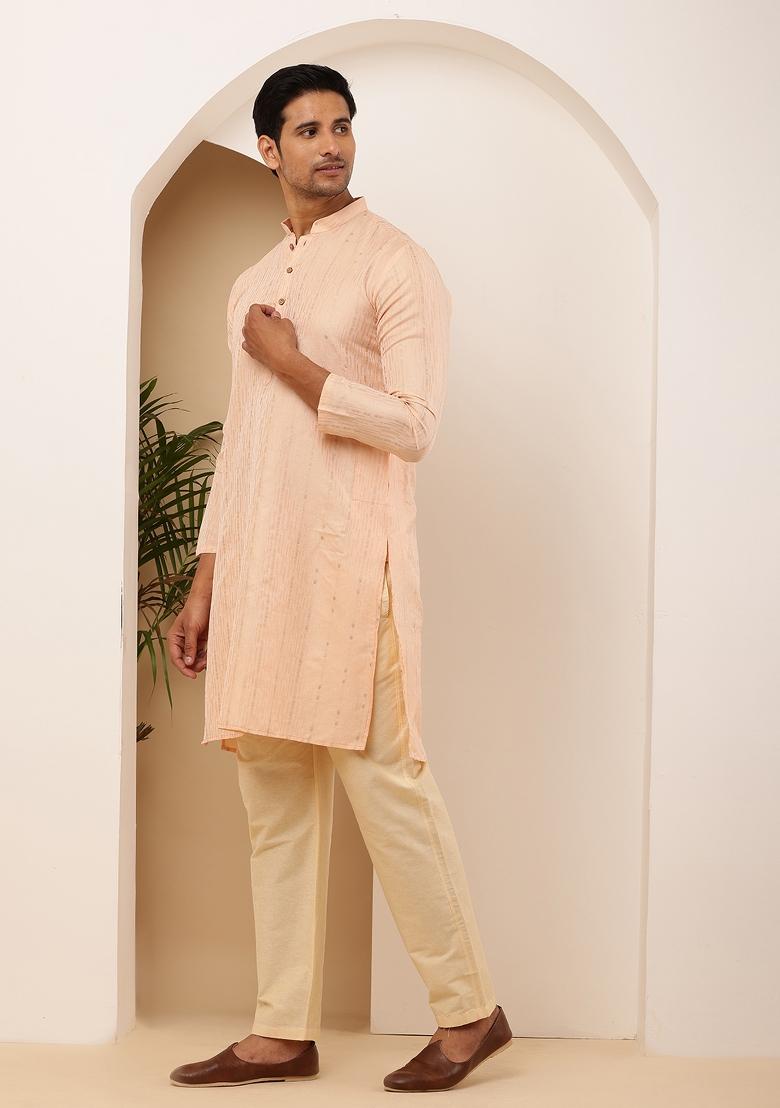 Coral Peach Machine Embroidered Viscose Rayon Kurta For Men