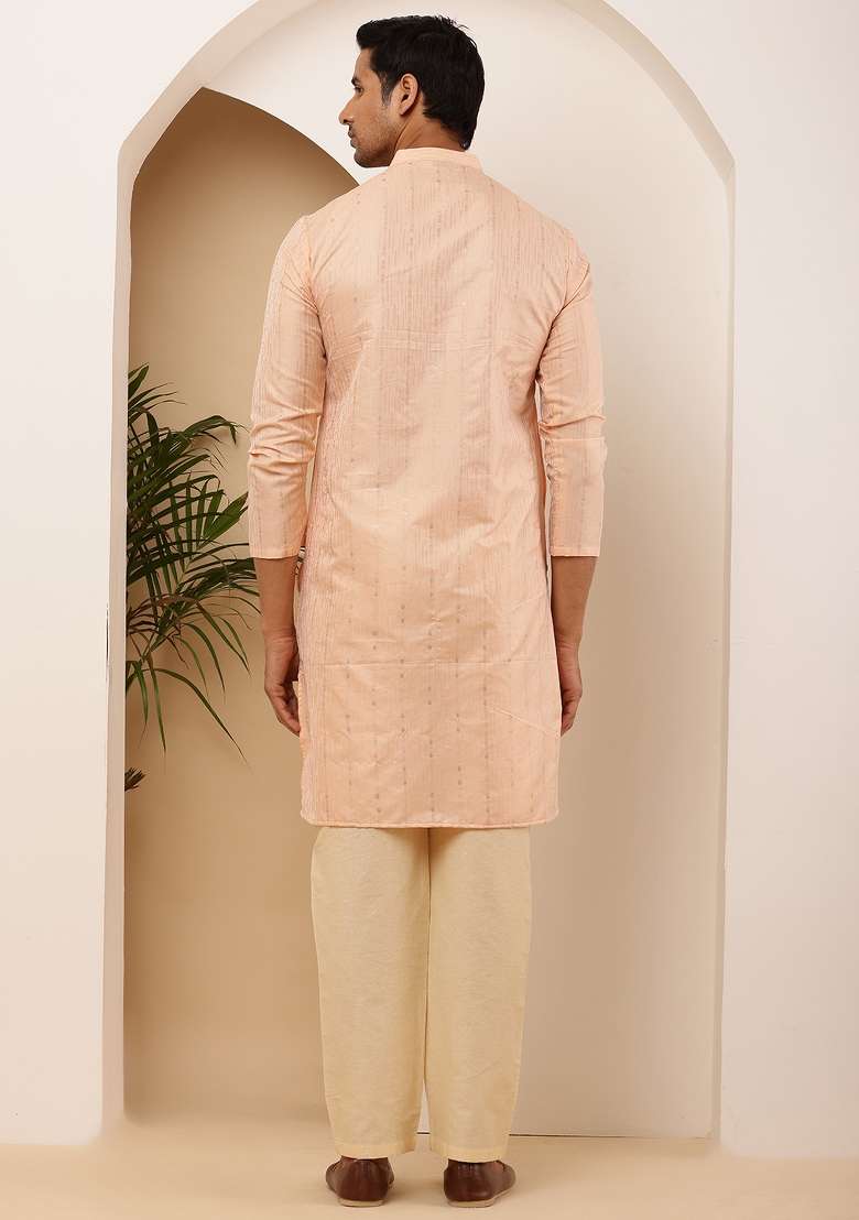Coral Peach Machine Embroidered Viscose Rayon Kurta For Men - Indya