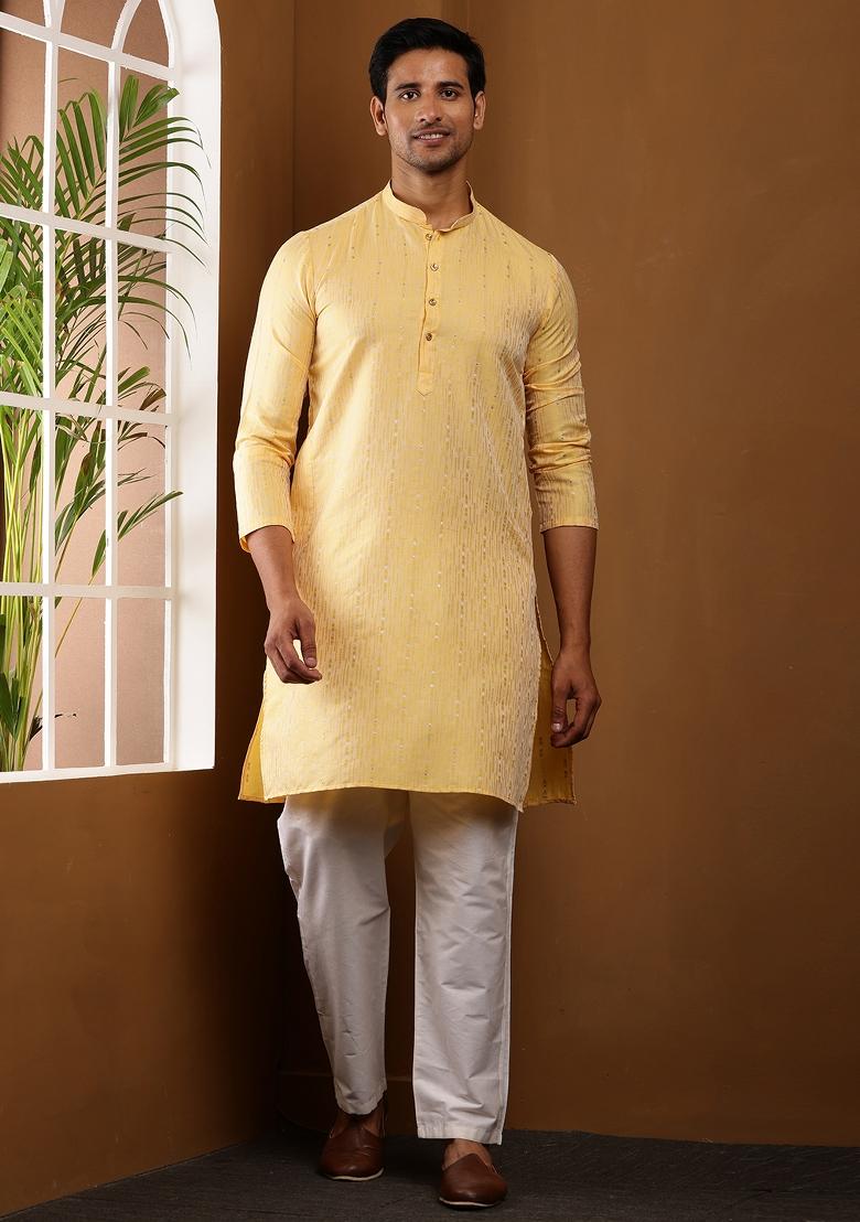 Mustard Yellow Machine Embroidered Viscose Rayon Kurta For Men