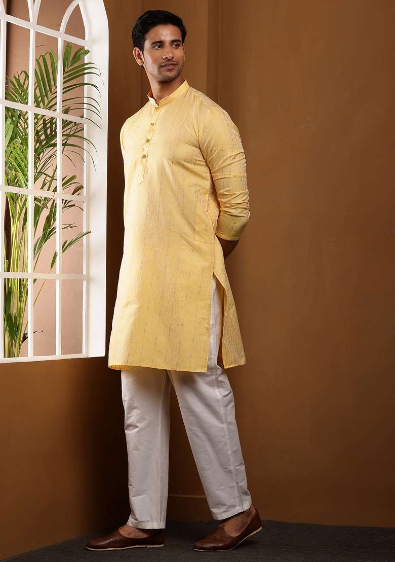 Mustard Yellow Machine Embroidered Viscose Rayon Kurta For Men - Indya