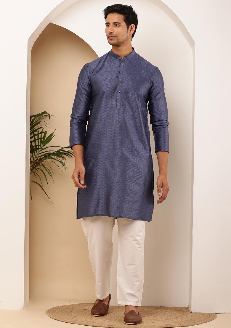 Teal Blue Machine Embroidered Viscose Rayon Kurta For Men
