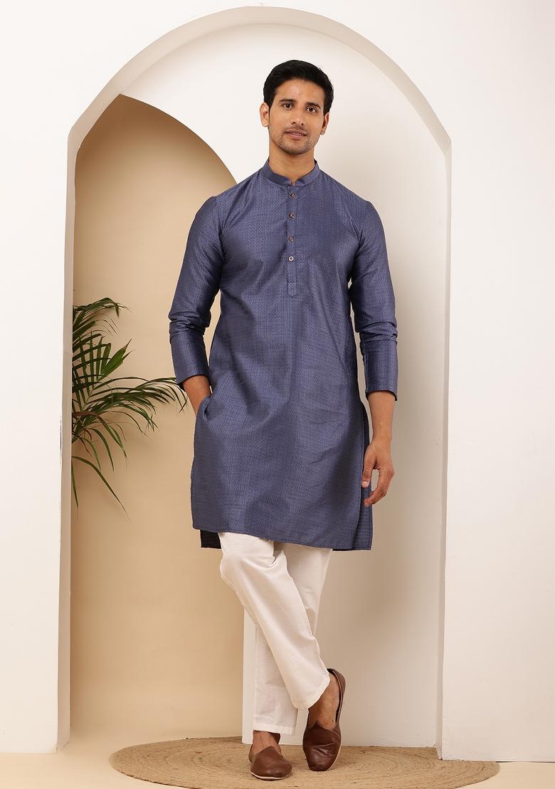 Teal Blue Machine Embroidered Viscose Rayon Kurta For Men