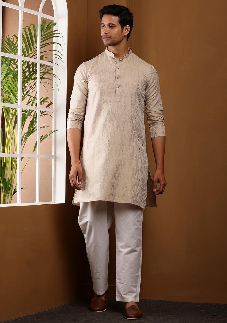 White Machine Embroidered Viscose Rayon Kurta For Men