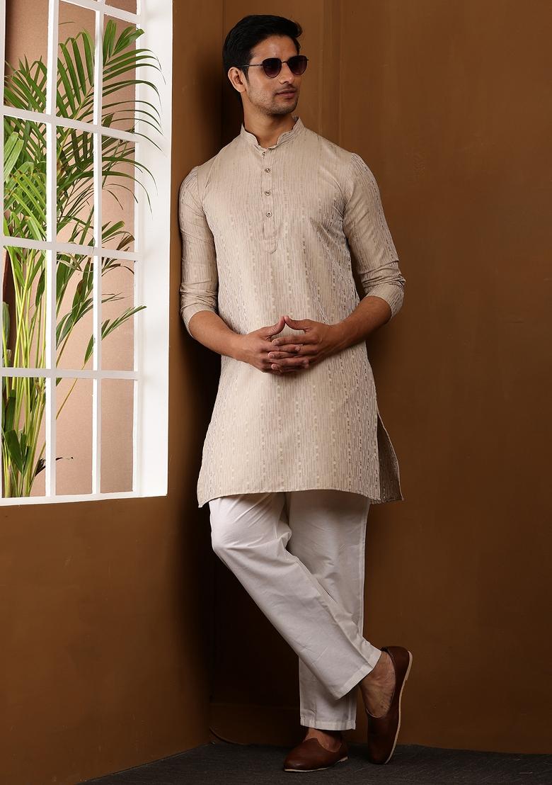 White Machine Embroidered Viscose Rayon Kurta For Men