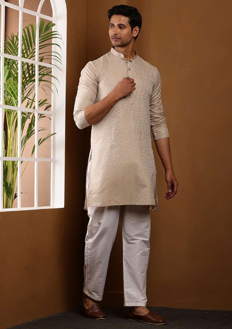 White Machine Embroidered Viscose Rayon Kurta For Men - Indya