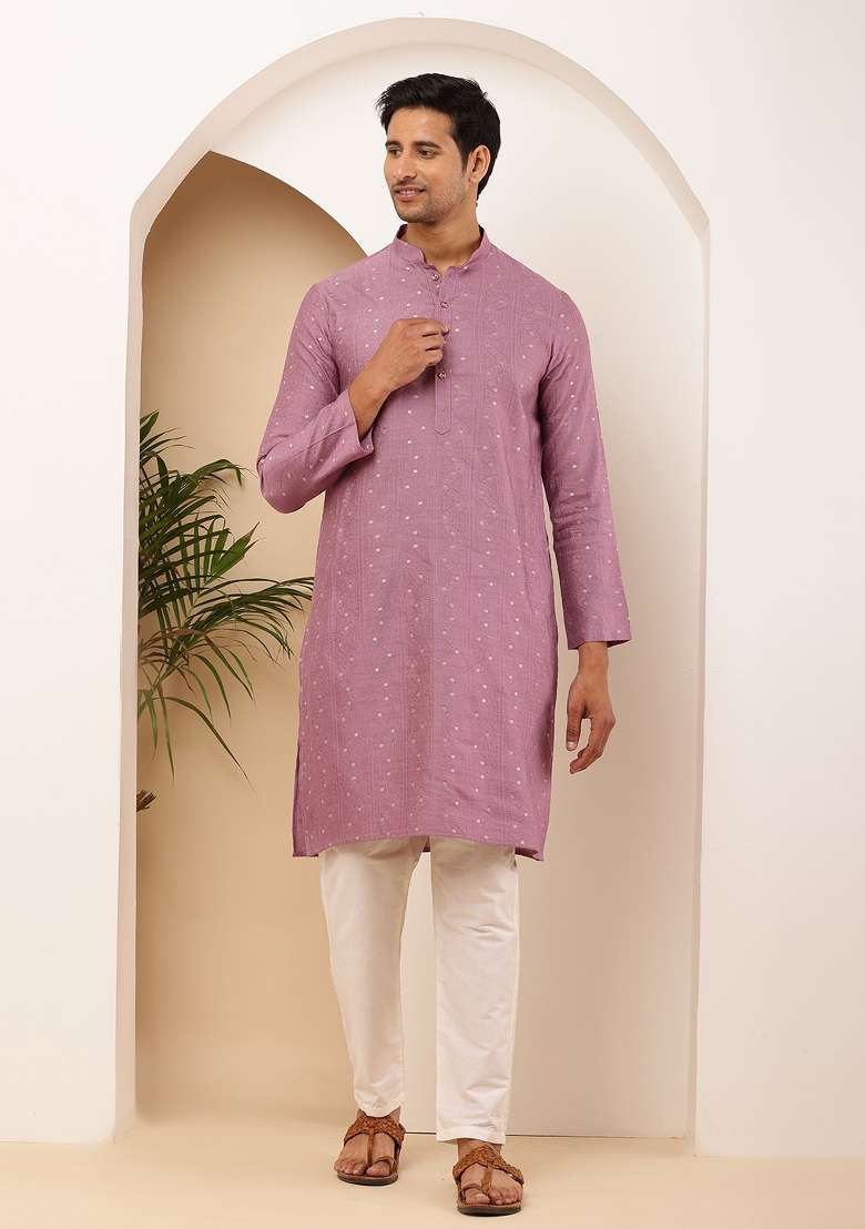 Magenta Machine Embroidered Viscose Rayon Kurta For Men - Indya