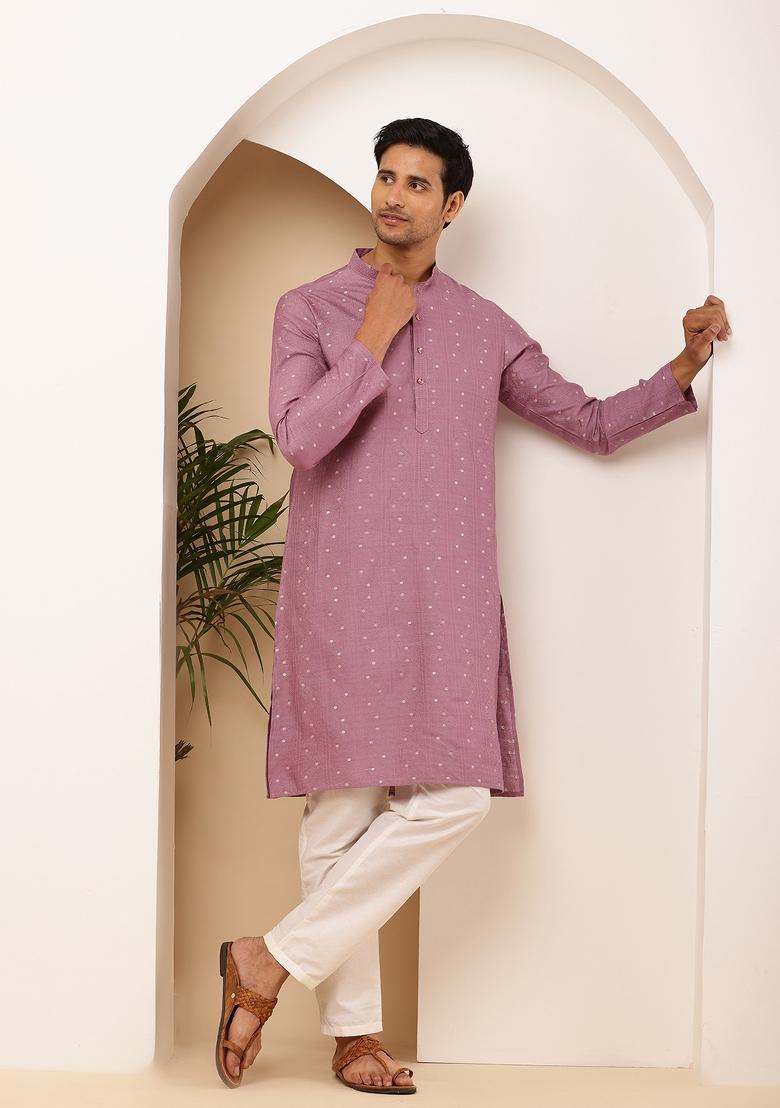 Magenta Machine Embroidered Viscose Rayon Kurta For Men