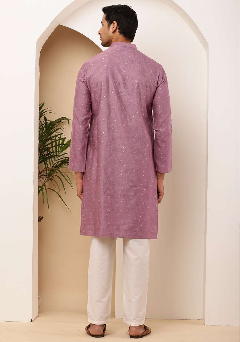 Magenta Machine Embroidered Viscose Rayon Kurta For Men - Indya