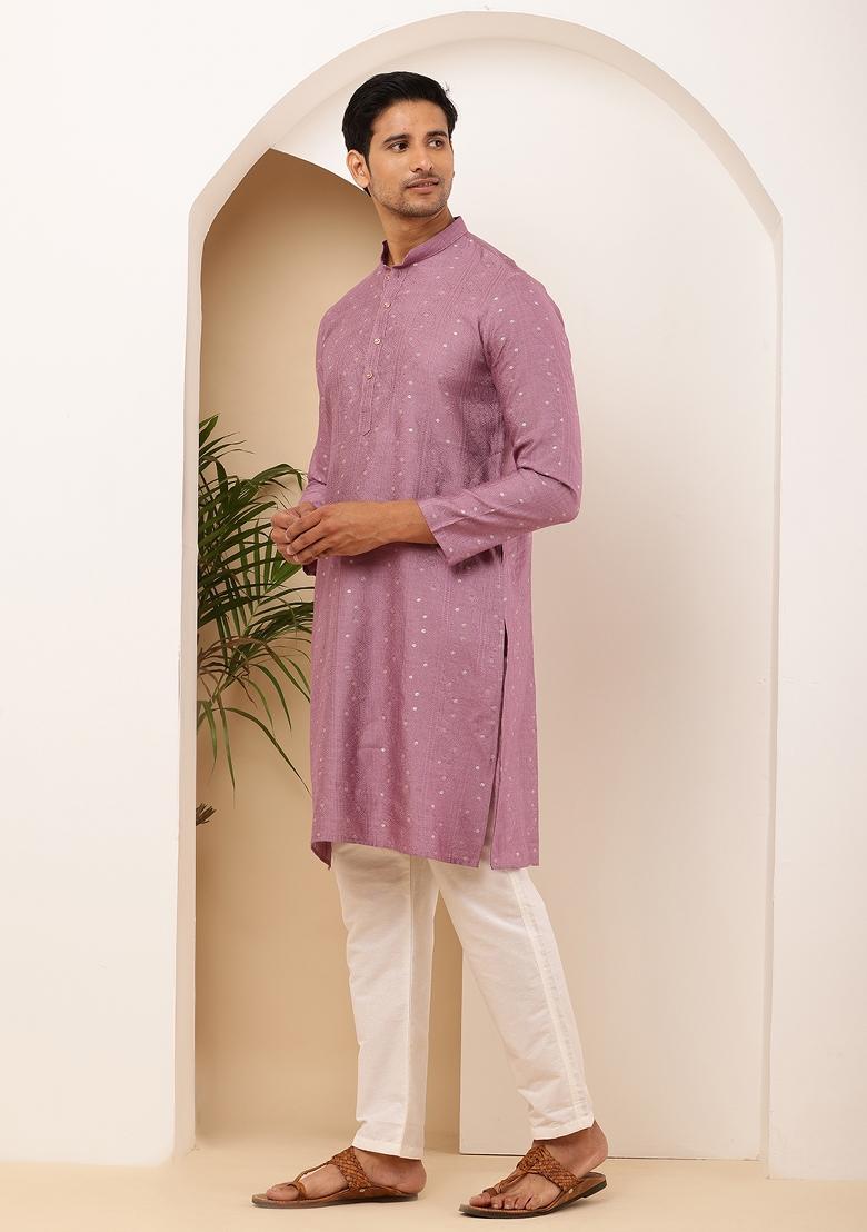 Magenta Machine Embroidered Viscose Rayon Kurta For Men