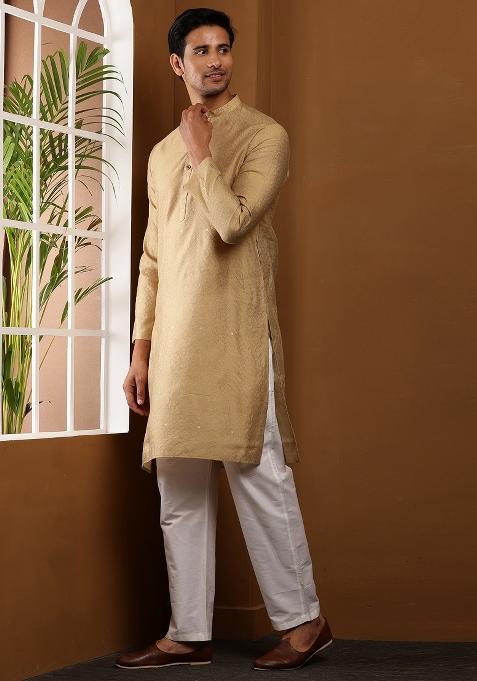 Golden Brown Machine Embroidered Viscose Rayon Kurta For Men