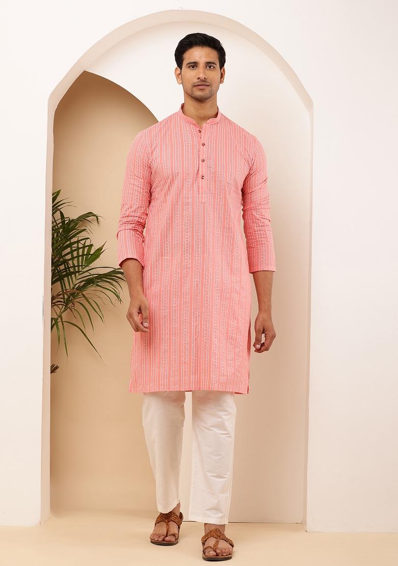 Coral Pink Machine Embroidered Cotton Kurta For Men