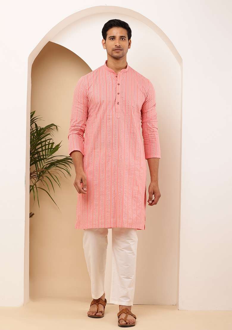 Coral Pink Machine Embroidered Cotton Kurta For Men - Indya